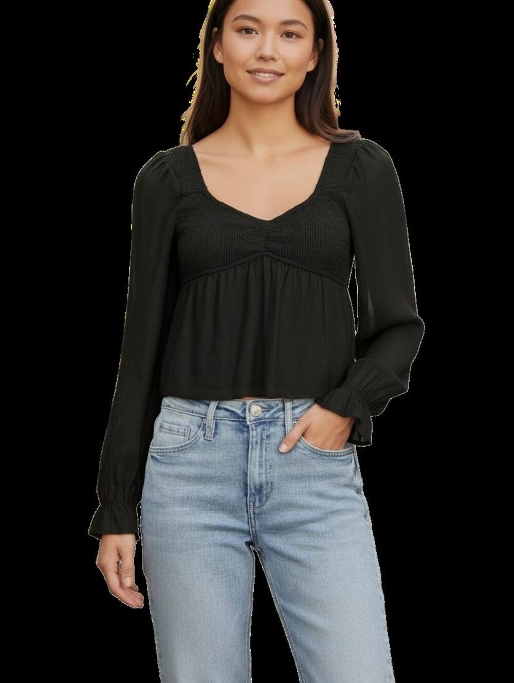 Hyfve Smocked Ruffle Long-Sleeve Top in Charcoal/Black, Size Large